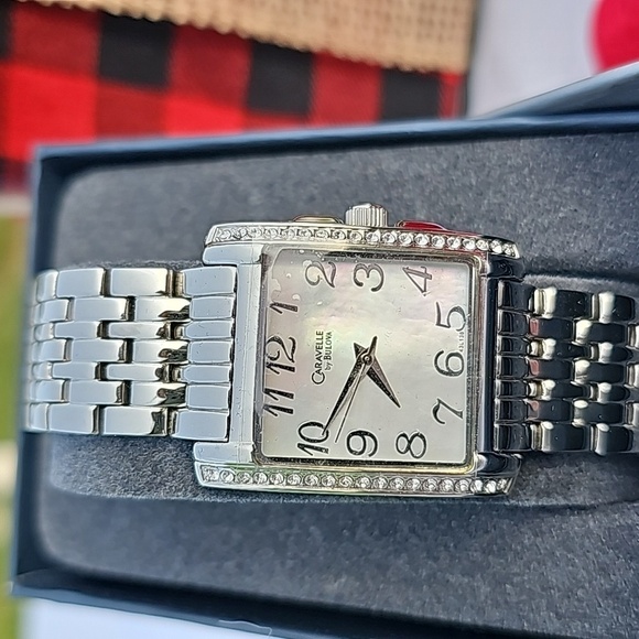 NWT 28MM CARAVELLE by BULOVA CRYSTAL MOTHER OF PEARL SQUARE WATCH - Picture 2 of 3